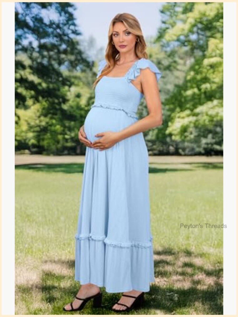 Boho Smocked Maxi Dress Maternity Photoshoot Ruffle Sleeve Baby Shower - Picture 4 of 6